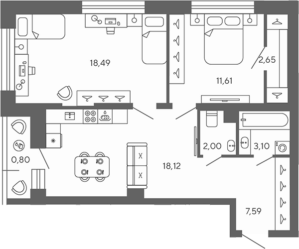 Планировка — Экоквартал Гармония, 3-комн., 64 м²