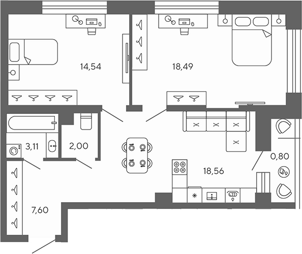 Планировка — Экоквартал Гармония, 3-комн., 64 м²