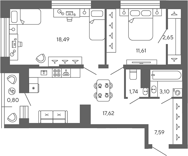 Планировка — Экоквартал Гармония, 3-комн., 63 м²