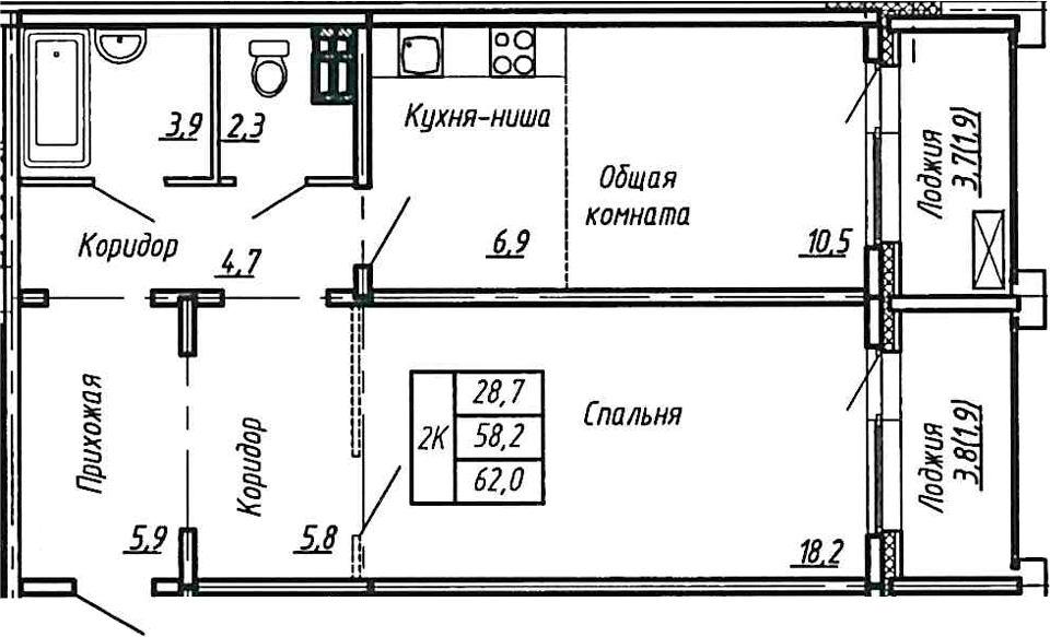 Планировка — Сибирь, 2-комн., 58 м²