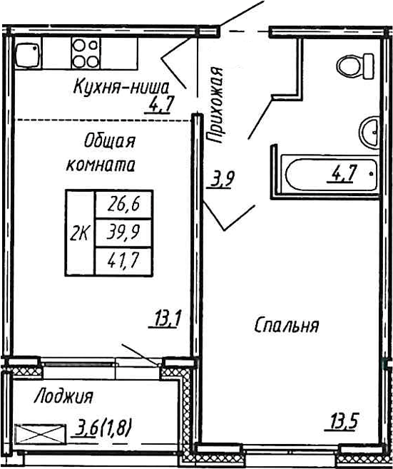 Планировка — Сибирь, 2-комн., 40 м²
