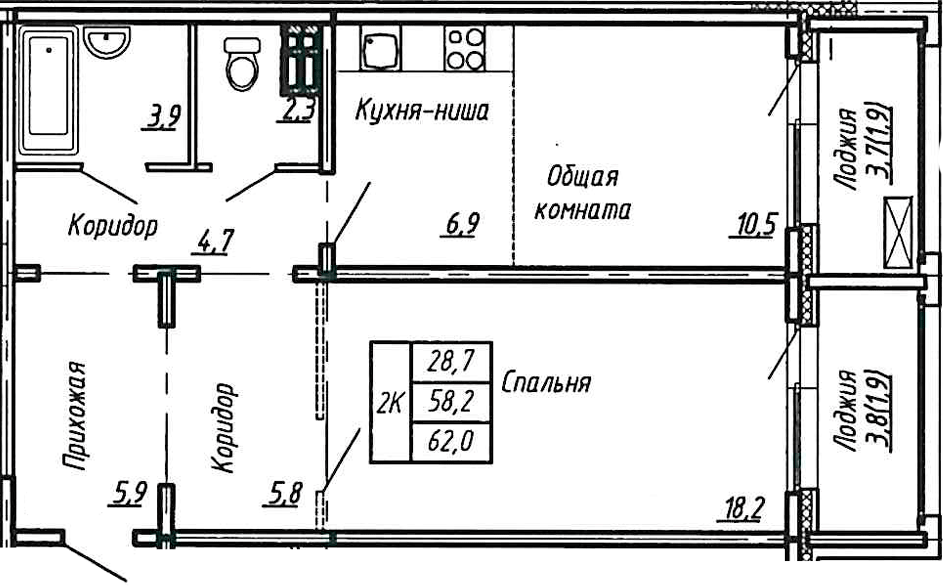 Планировка — Сибирь, 2-комн., 58 м²