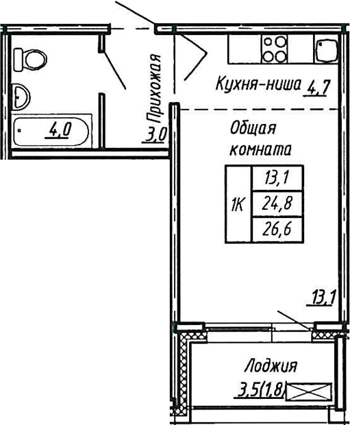 Планировка — Сибирь, Студия, 25 м²