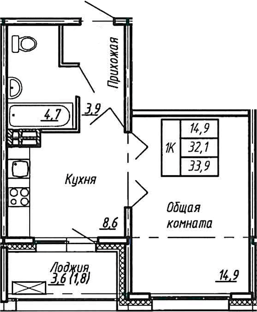 Планировка — Сибирь, 1-комн., 32 м²