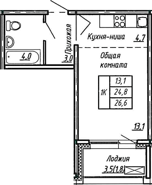 Планировка — Сибирь, Студия, 25 м²