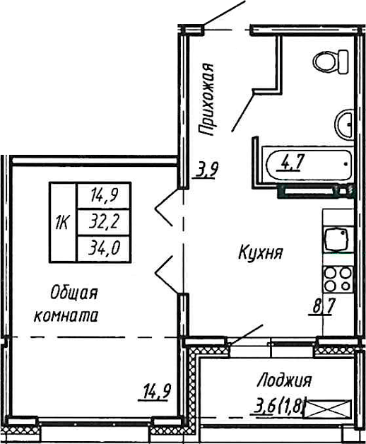Планировка — Сибирь, 1-комн., 32 м²
