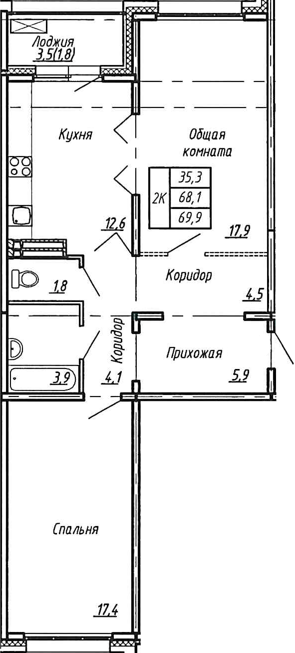 Планировка — Сибирь, 2-комн., 68 м²
