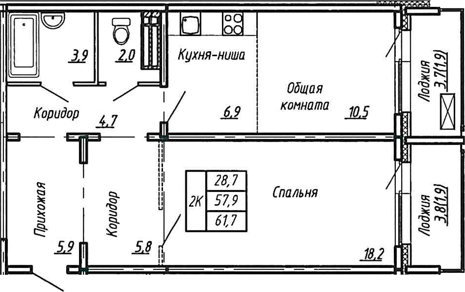Планировка — Сибирь, 2-комн., 58 м²