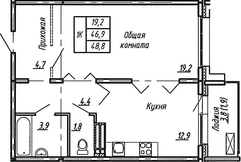 Планировка — Сибирь, 1-комн., 47 м²