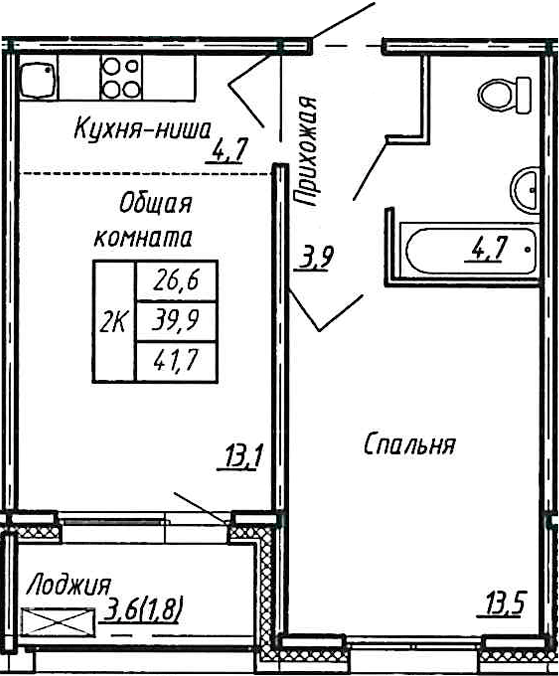 Планировка — Сибирь, 2-комн., 40 м²
