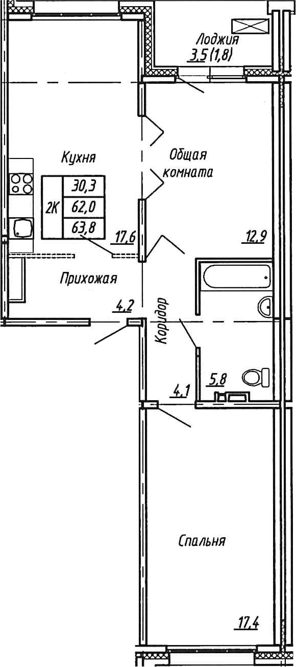 Планировка — Сибирь, 3-комн., 62 м²