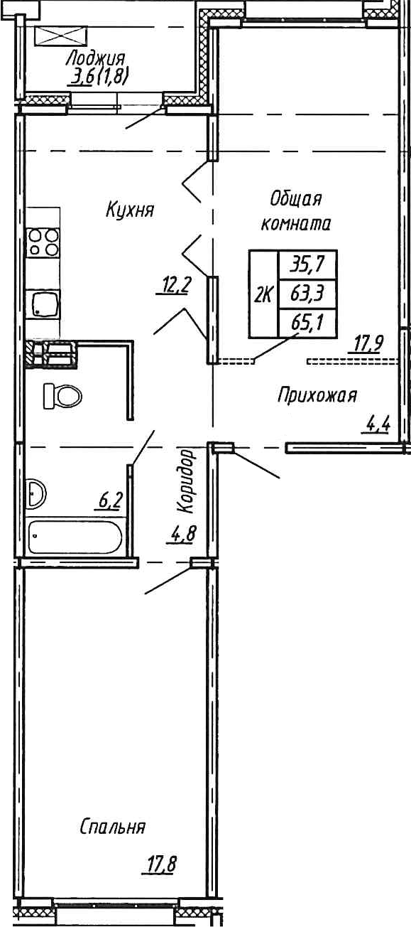 Планировка — Сибирь, 2-комн., 63 м²