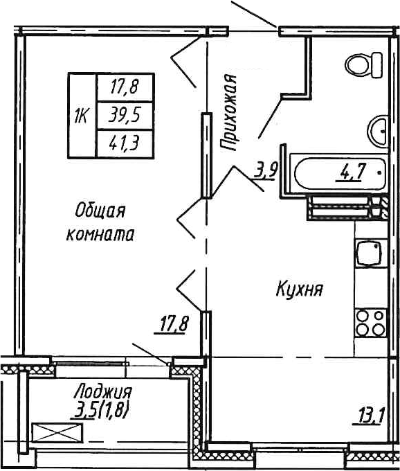 Планировка — Сибирь, 1-комн., 40 м²