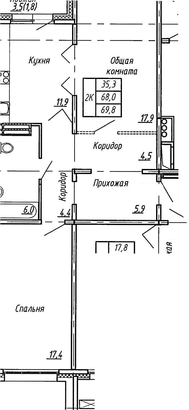 Планировка — Сибирь, 2-комн., 68 м²