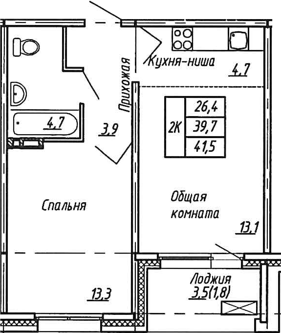 Планировка — Сибирь, 2-комн., 40 м²