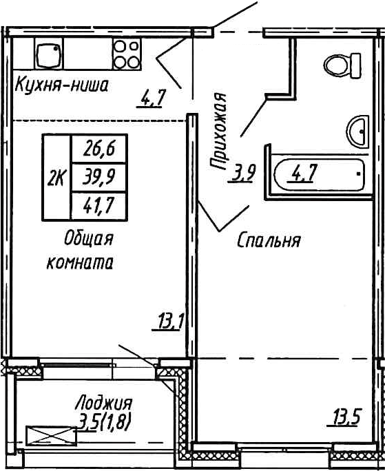 Планировка — Сибирь, 2-комн., 40 м²
