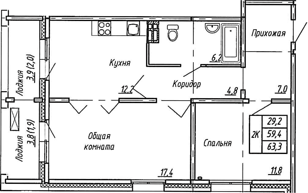 Планировка — Сибирь, 2-комн., 59 м²