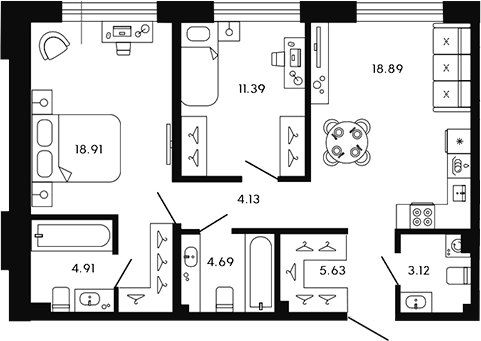 Планировка — 17/33, 3-комн., 72 м²