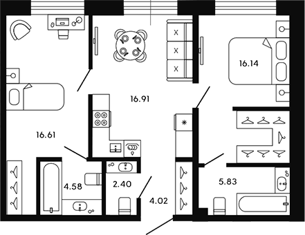 Планировка — 17/33, 3-комн., 66 м²
