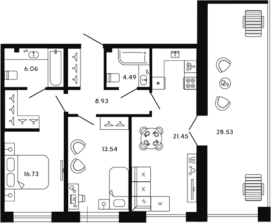 Планировка — 17/33, 3-комн., 71 м²