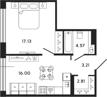 Планировка — 17/33, 2-комн., 44 м²