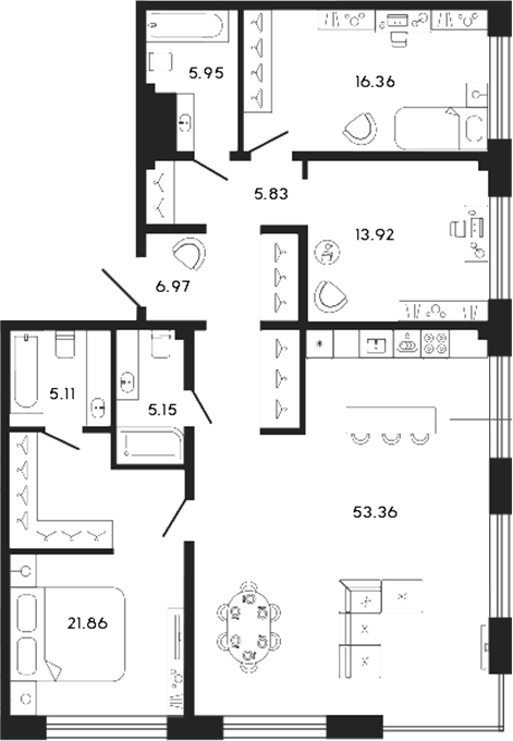 Планировка — 17/33, 4-комн., 135 м²