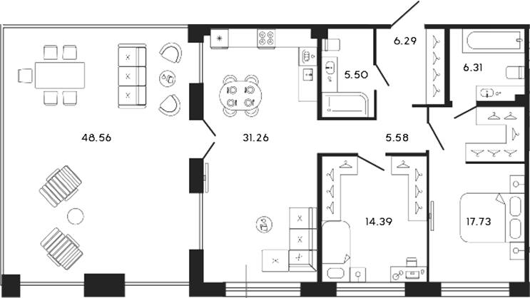 Планировка — 17/33, 3-комн., 87 м²