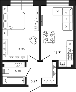 Планировка — 17/33, 1-комн., 45 м²