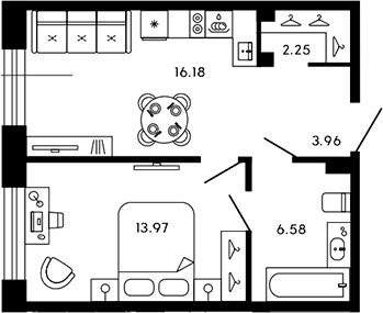 Планировка — 17/33, 2-комн., 43 м²