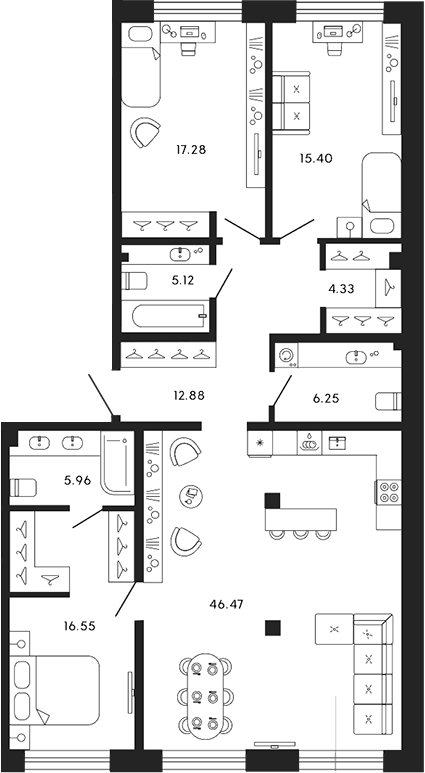 Планировка — 17/33, 4-комн., 130 м²