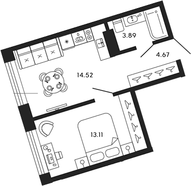 Планировка — 17/33, 2-комн., 36 м²
