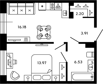 Планировка — 17/33, 2-комн., 43 м²