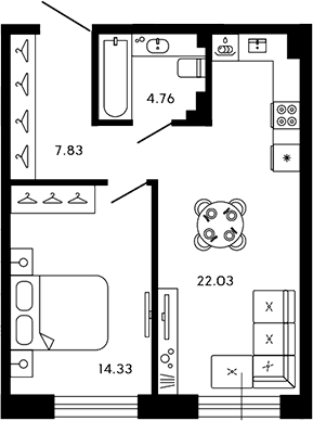 Планировка — 17/33, 2-комн., 49 м²