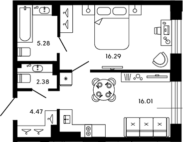 Планировка — 17/33, 2-комн., 44 м²