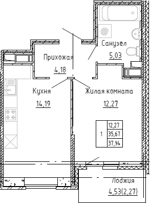 Планировка — Аквилон Stories, 2-комн., 35 м²