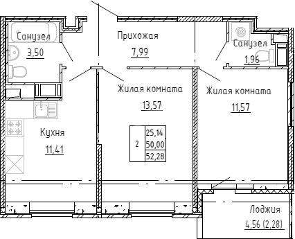 Планировка — Аквилон Stories, 2-комн., 49 м²