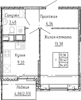 Планировка — Аквилон Stories, 1-комн., 32 м²