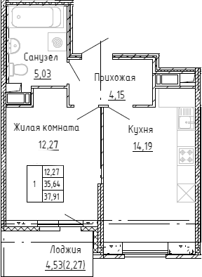 Планировка — Аквилон Stories, 2-комн., 35 м²