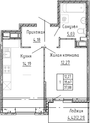 Планировка — Аквилон Stories, 2-комн., 36 м²
