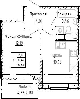 Планировка — Аквилон Stories, 1-комн., 30 м²