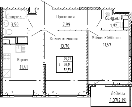 Планировка — Аквилон Stories, 2-комн., 50 м²