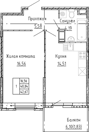 Планировка — Аквилон Stories, 1-комн., 40 м²