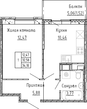 Планировка — Аквилон Stories, 1-комн., 32 м²