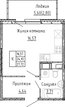 Планировка — Аквилон Stories, Студия, 24 м²