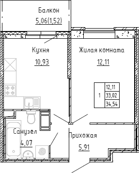 Планировка — Аквилон Stories, 1-комн., 32 м²