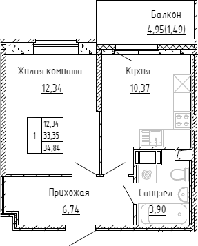 Планировка — Аквилон Stories, 1-комн., 33 м²