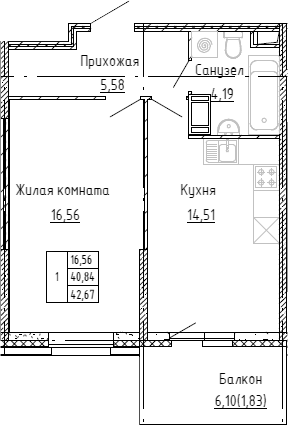 Планировка — Аквилон Stories, 1-комн., 41 м²