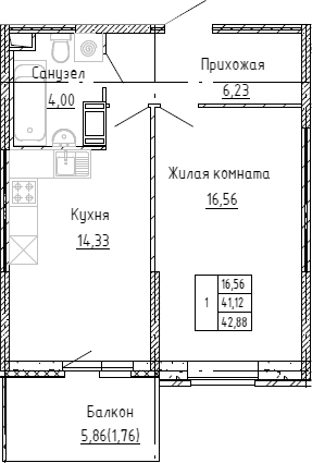 Планировка — Аквилон Stories, 1-комн., 41 м²