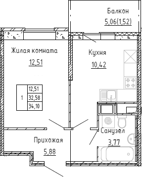 Планировка — Аквилон Stories, 1-комн., 32 м²