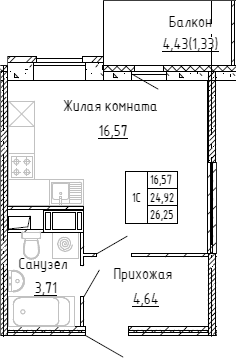 Планировка — Аквилон Stories, Студия, 25 м²